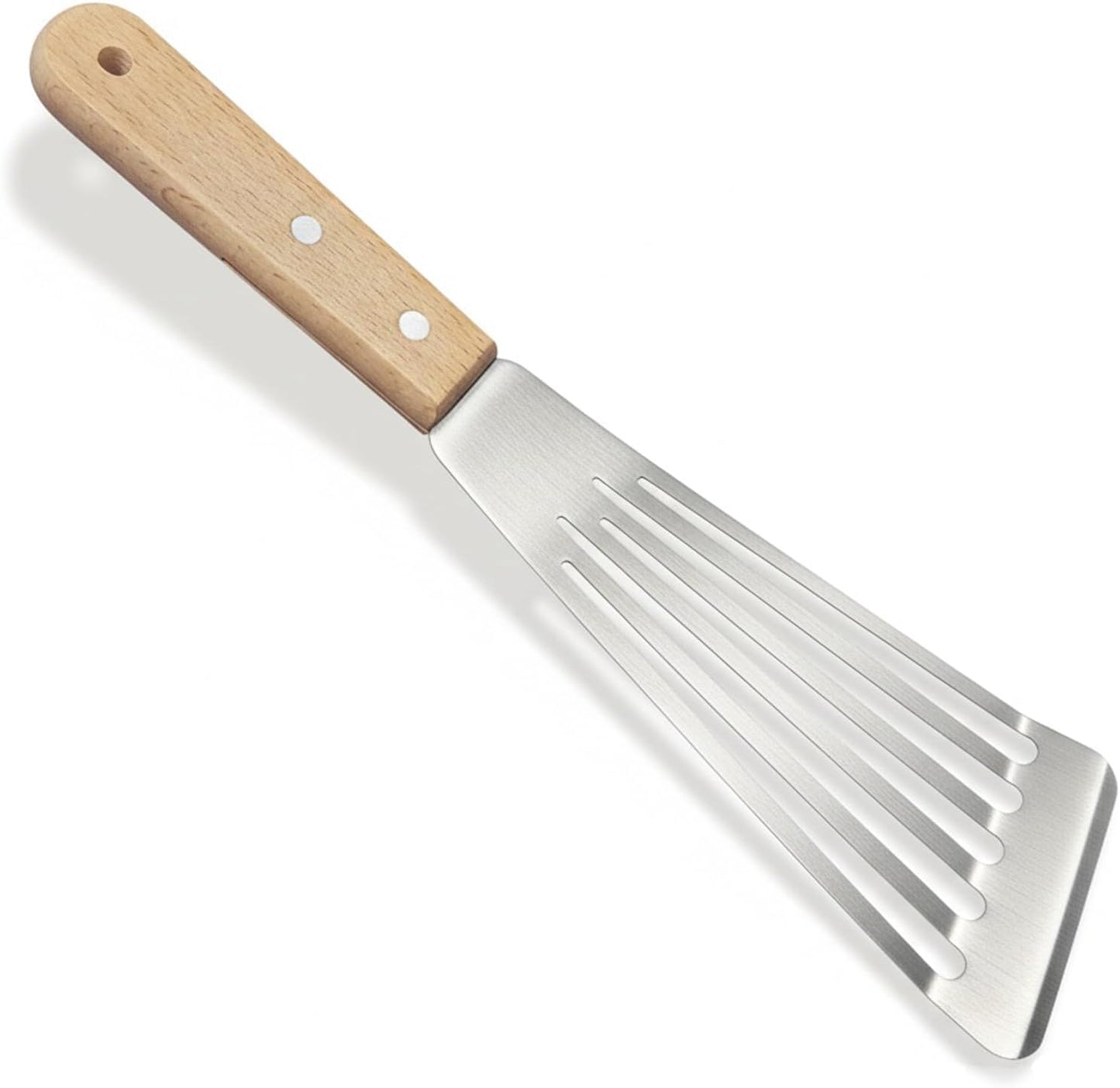 Espátula de pescado de acero inoxidable ranurada con mango de madera