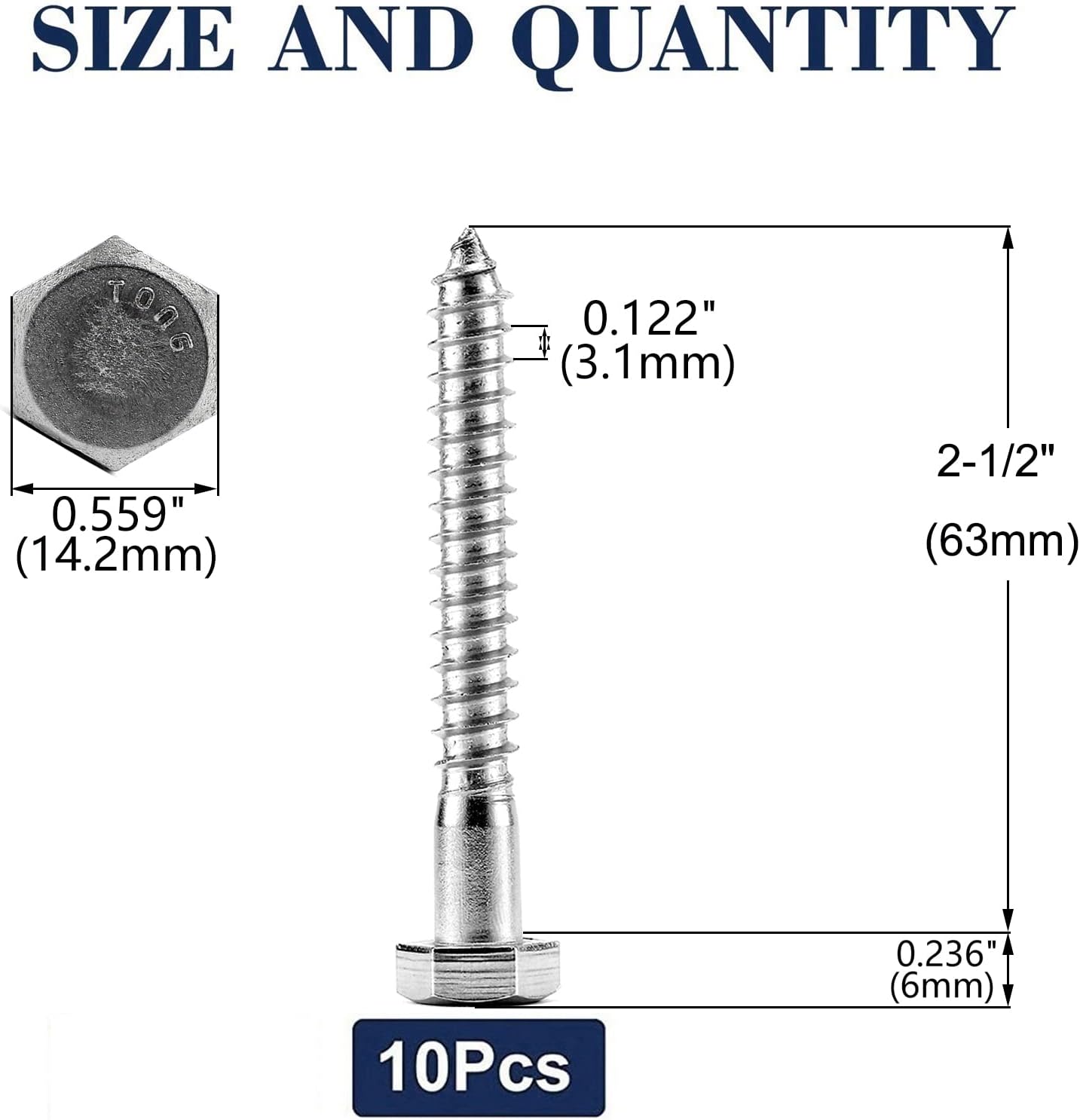 Tornillos hex 3/8x2-1/2 10 pzas acero inox 304 para madera