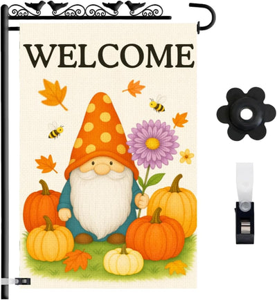 Bandera jardín calabaza gnomo 12x18pulg doble cara arpillera