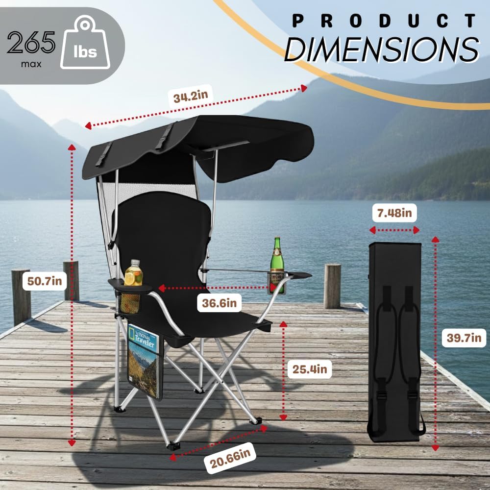 Silla camping plegable con toldo 600D Oxford Negro