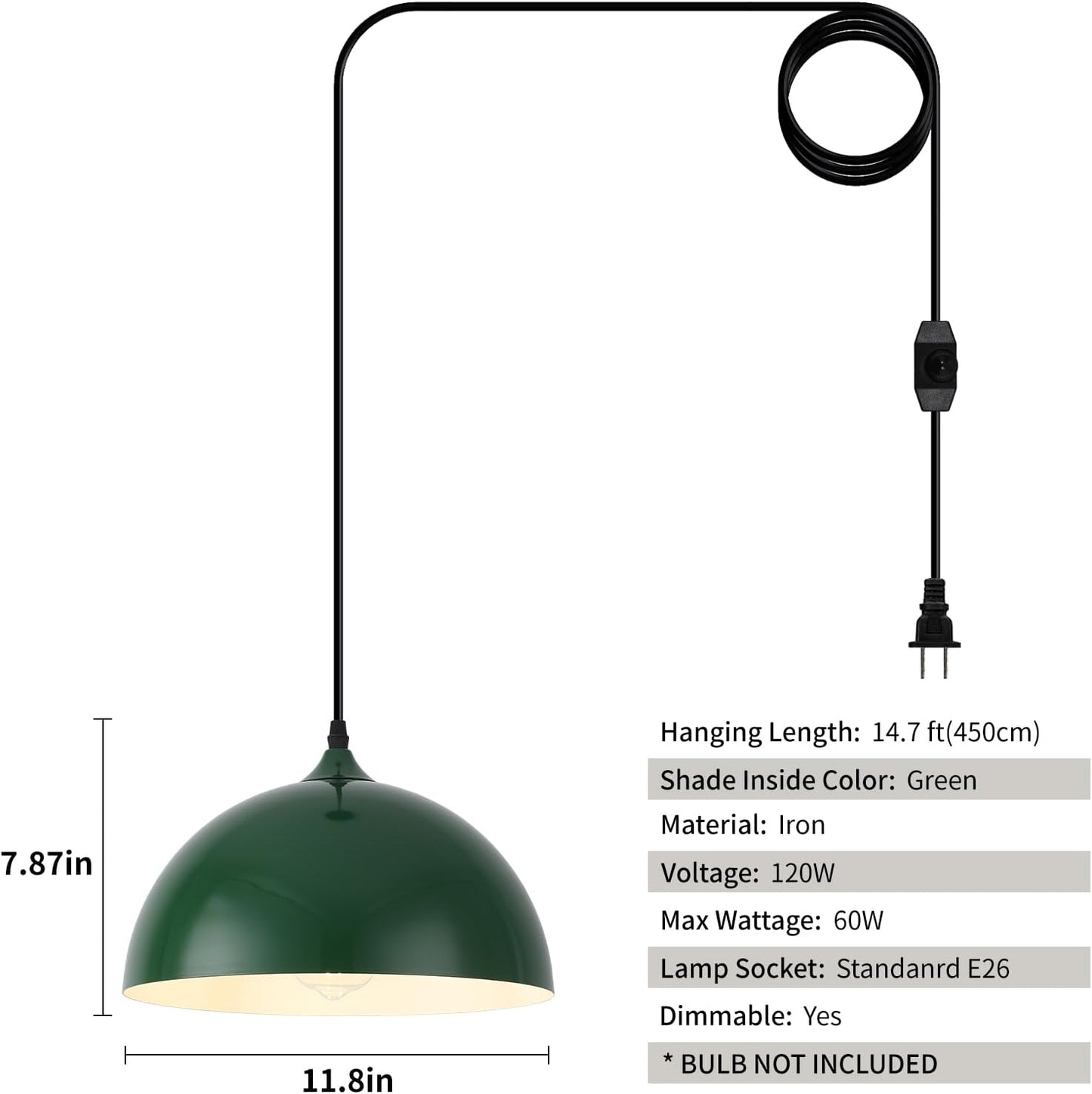 Lámpara colgante enchufable 11.8pulg para cocina y granja
