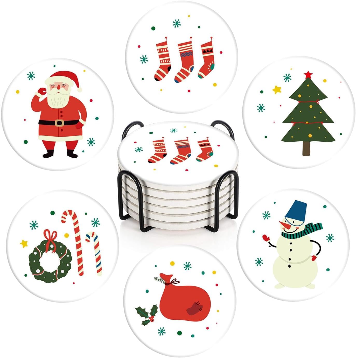 6 Pzas Posavasos Navidad con Base Corcho y Soporte Metal