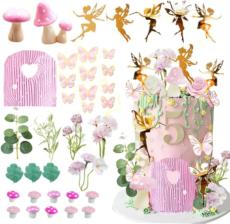 Decoración pastel hadas temática jardín puerta rosa