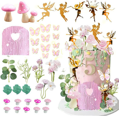 Decoración pastel hadas temática jardín puerta rosa