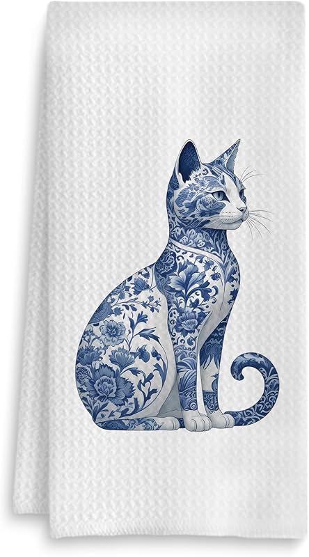 Toalla cocina floral azul y blanco con gato 40x61cm
