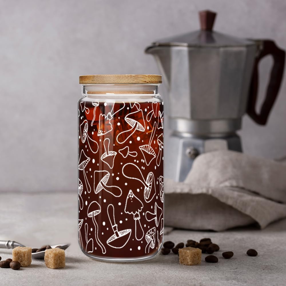 Taza vidrio 16oz con tapa pajita regalo mujer amante hongos