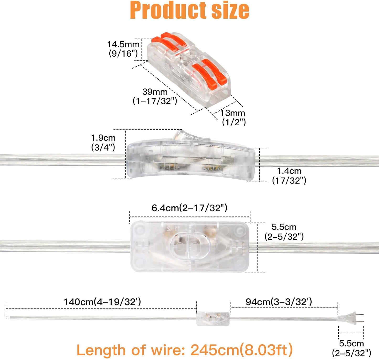Set 2 cables lámpara 8ft con interruptor enchufe 18AWG SPT-2