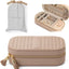Caja viaje ovalada beige con joyero cremallera espejo