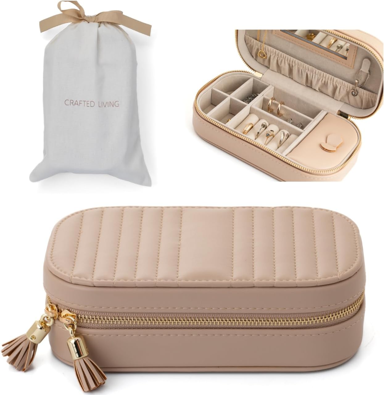 Caja viaje ovalada beige con joyero cremallera espejo