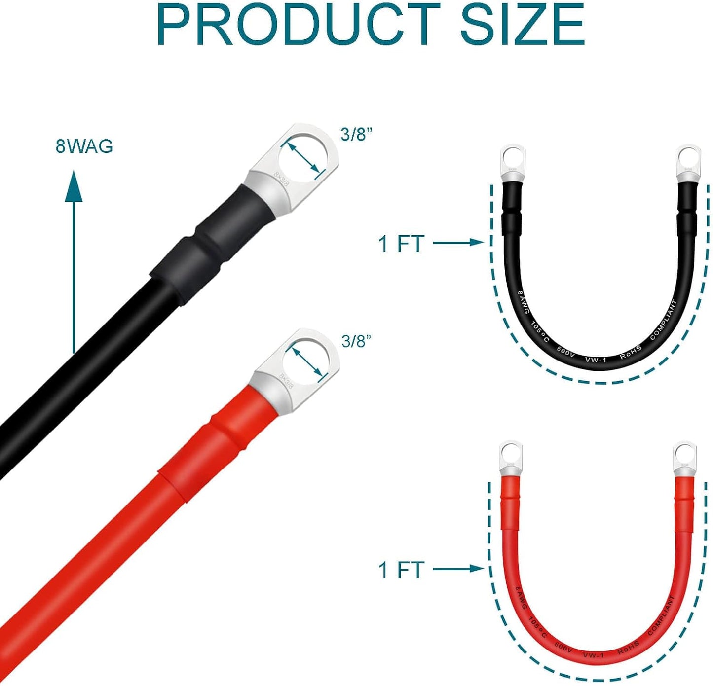 Cable batería 8 AWG con terminales 2 Pzas