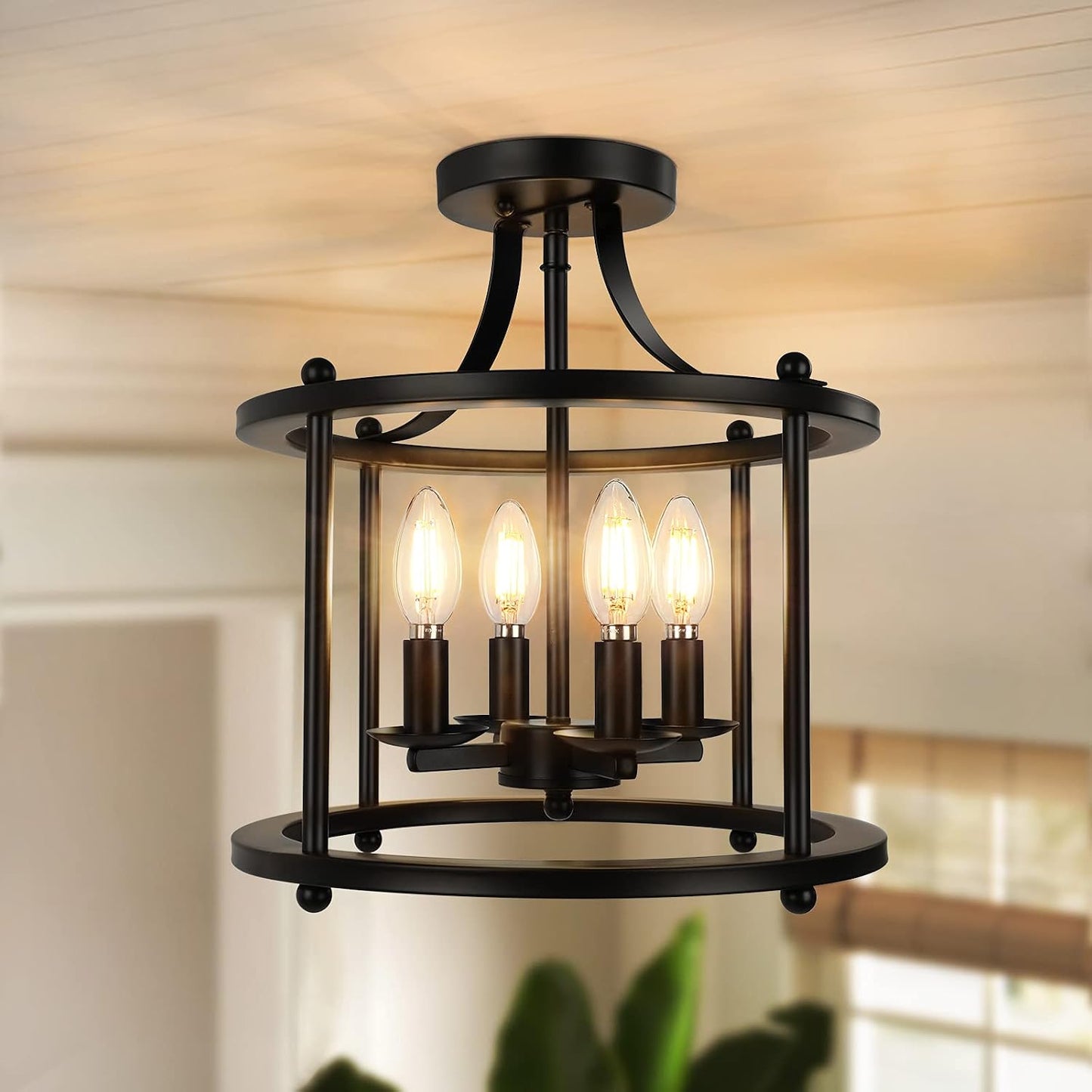 Lámpara techo industrial 4 luces E12 metal rústico negro