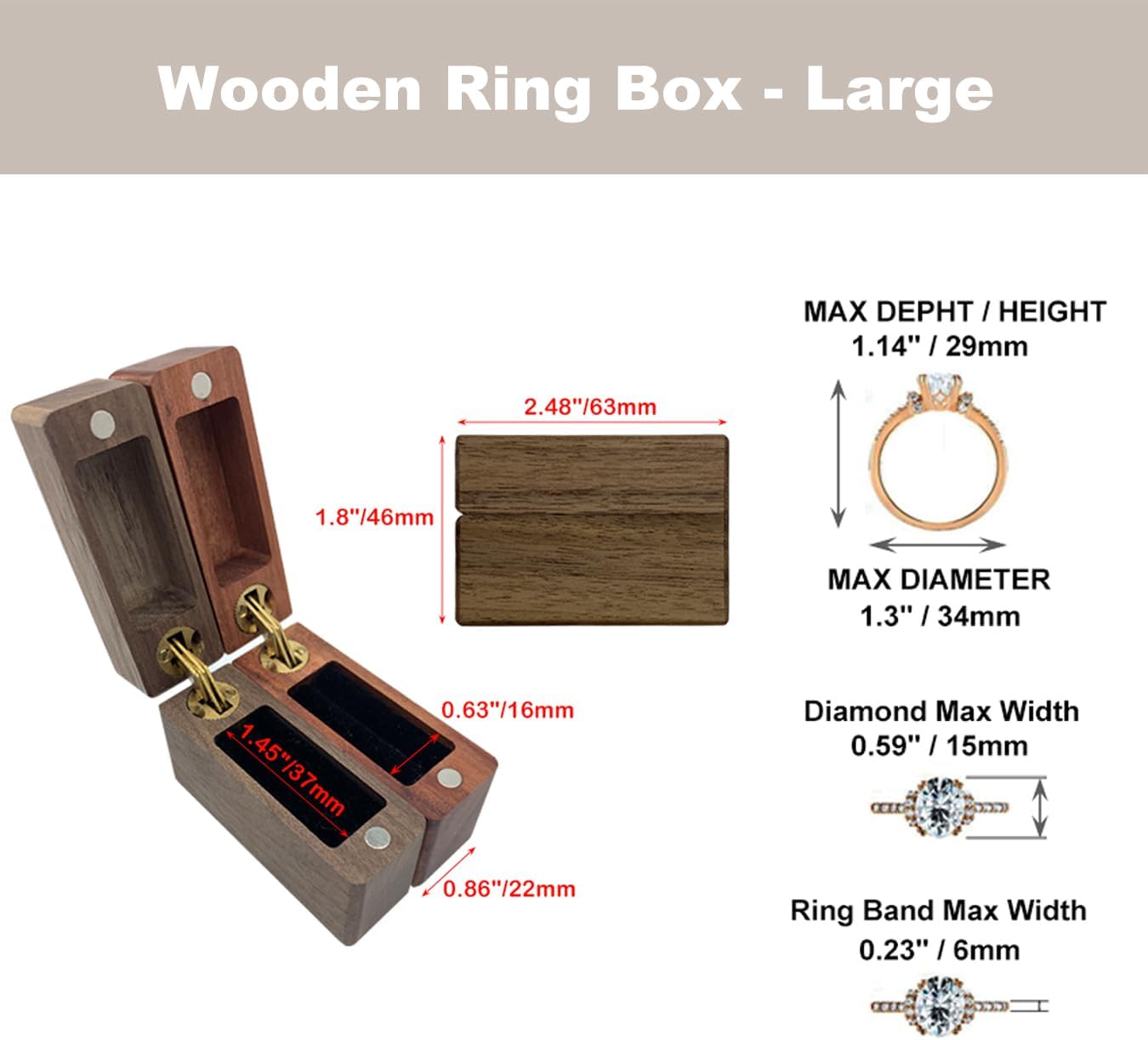 Caja anillo madera maciza grande rojo para boda