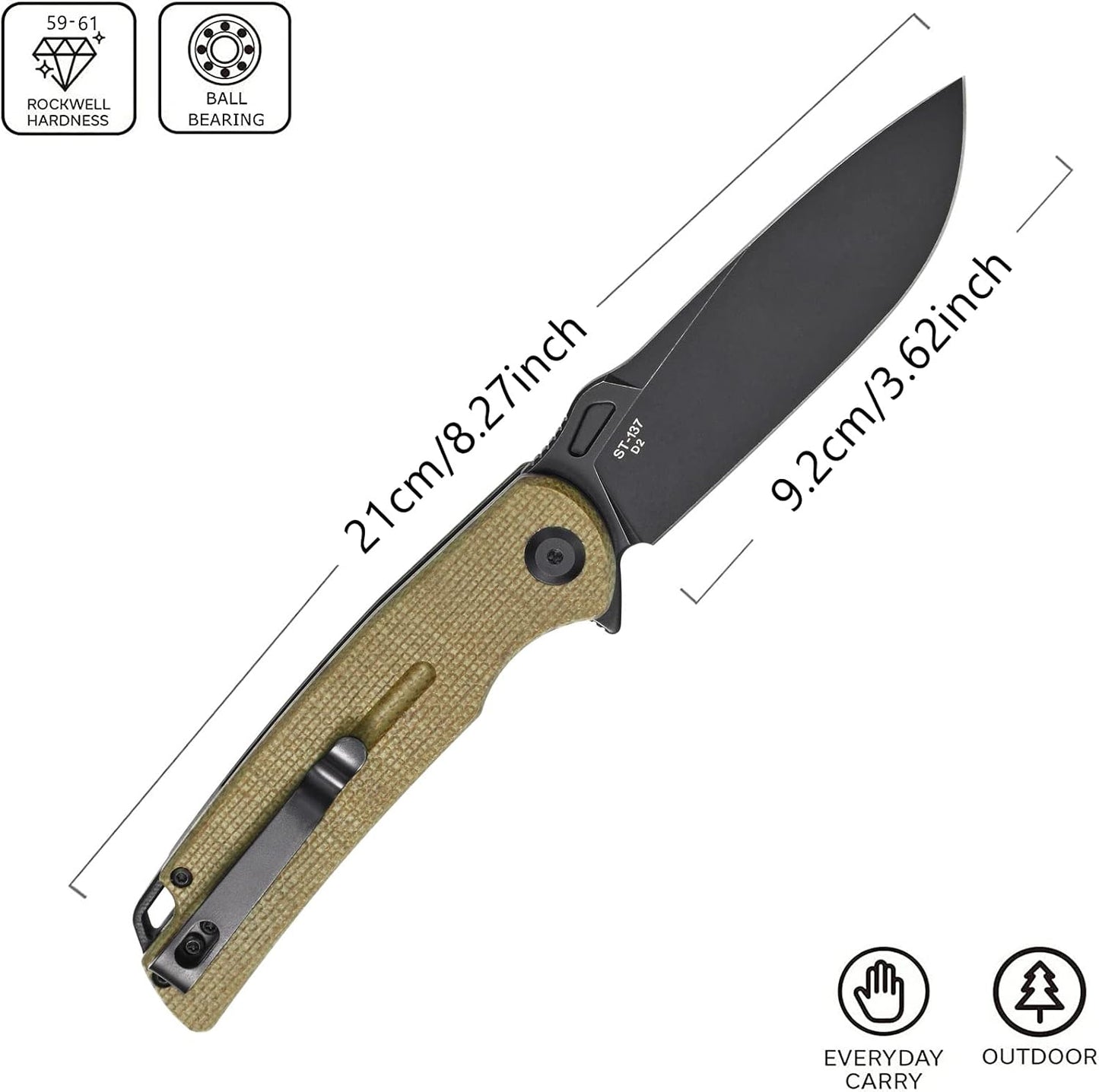Cuchillo plegable hoja D2 mango micarta EDC senderismo verde