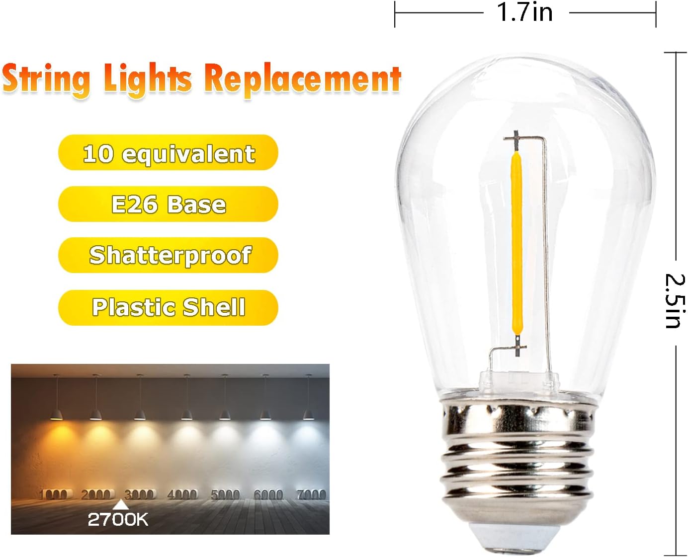 15 Bombillas LED S14 E26 1W Blanco Cálido Impermeable