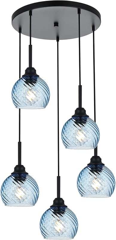 Luz colgante 5 luces vidrio espiral azul para isla cocina
