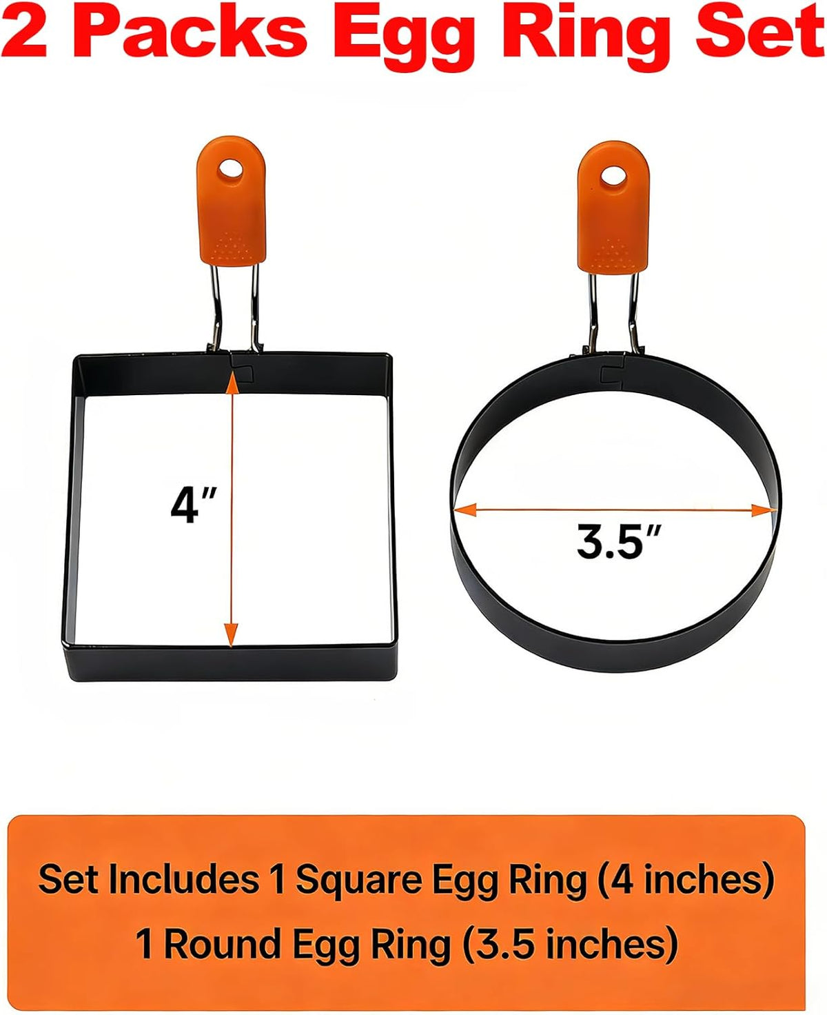 Juego de 2 anillos redondos y cuadrados para huevos con mango de silicona naranja