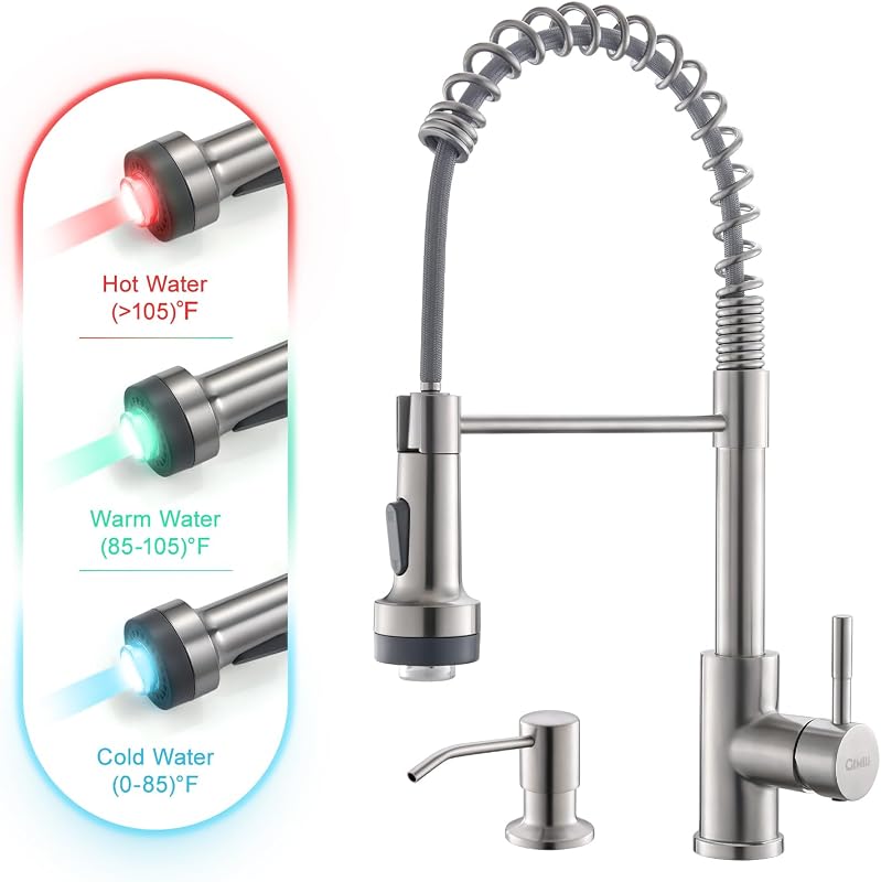 Grifo cocina con dispensador jabón LED níquel