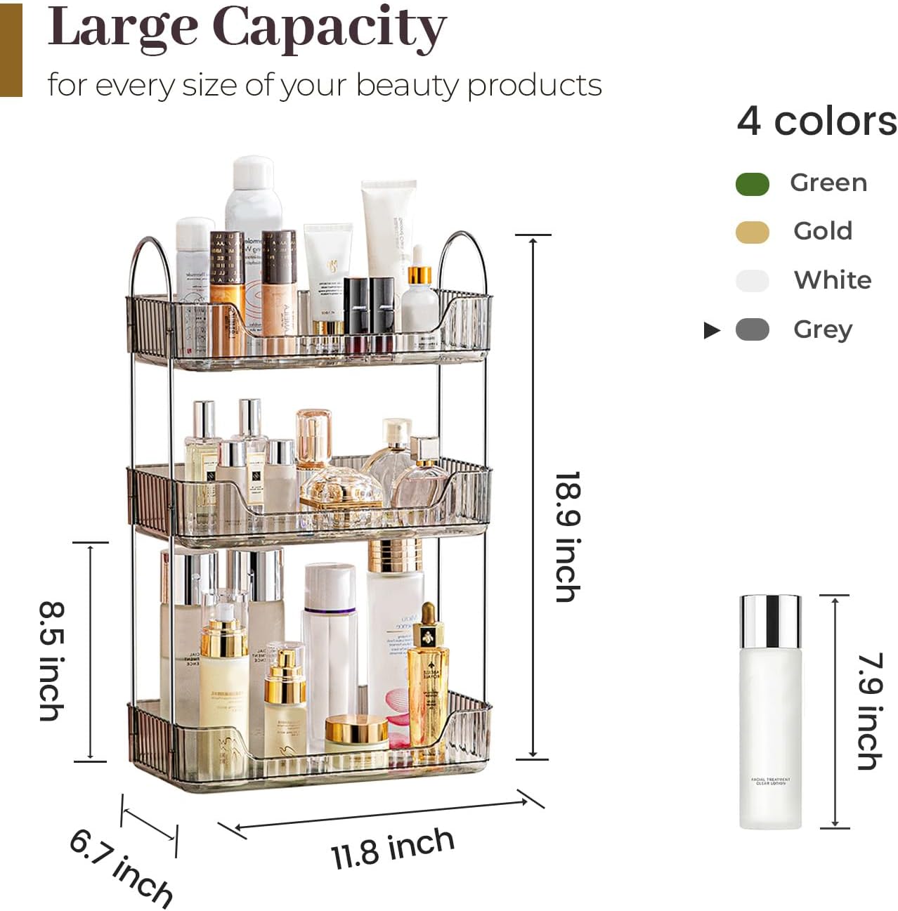 Organiz. baño 3 niveles estante cosméticos gris
