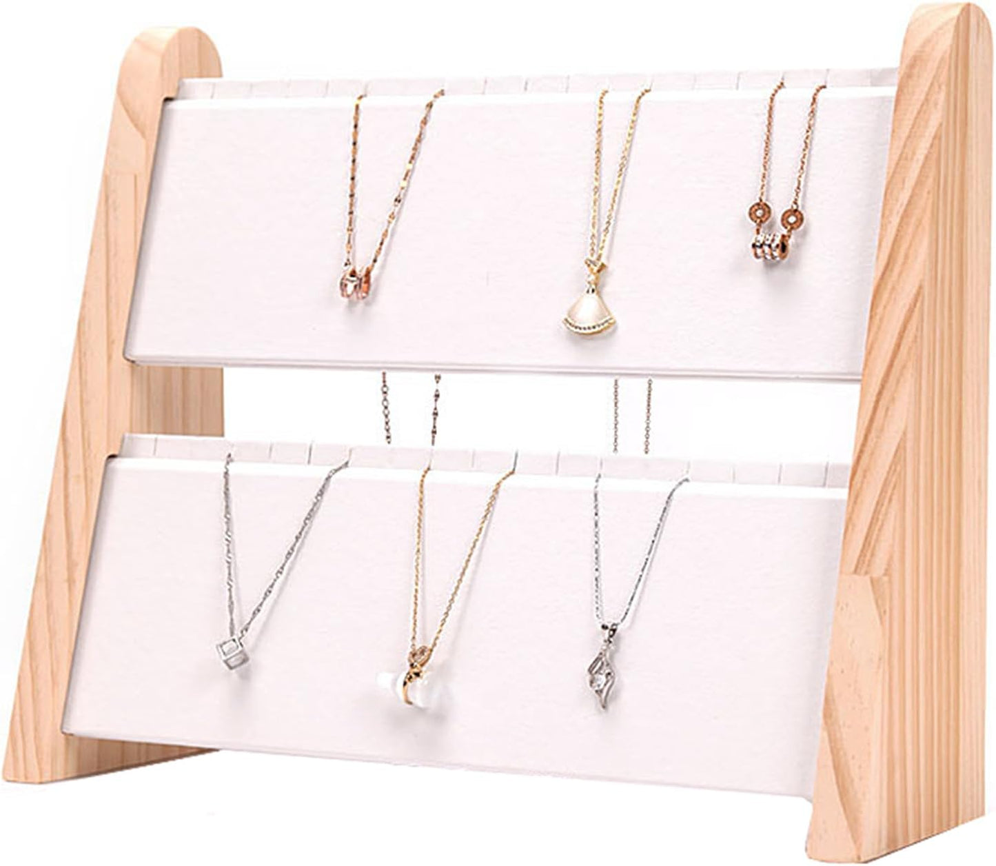 Soporte collares madera 34 rejillas doble nivel cuero blanco