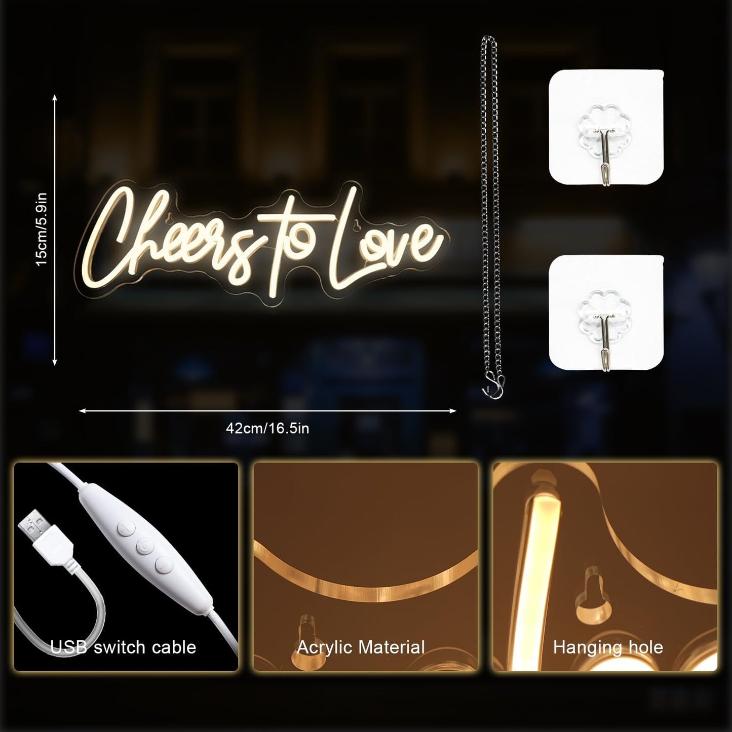 Letrero neón LED Cheers to Love USB 16.5x5.9pulg