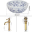 Fregadero baño cerámica azul y blanca con grifo dorado