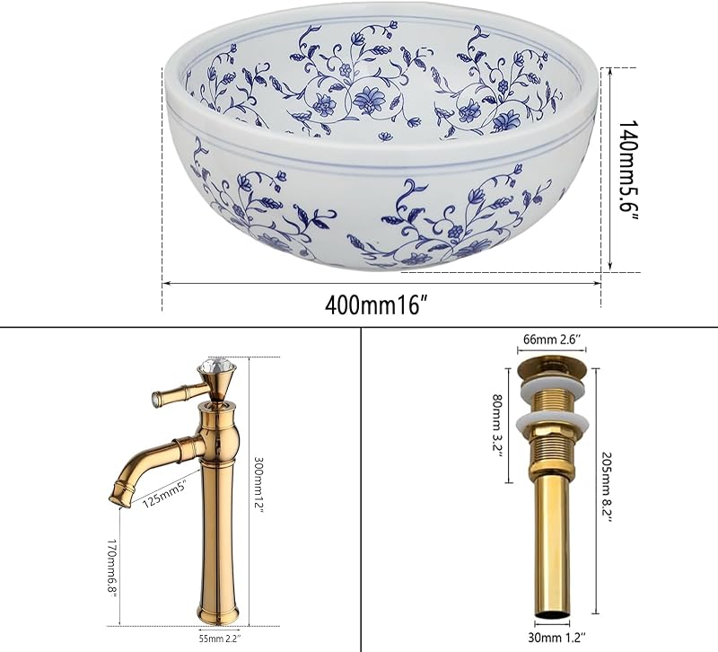 Fregadero baño cerámica azul y blanca con grifo dorado