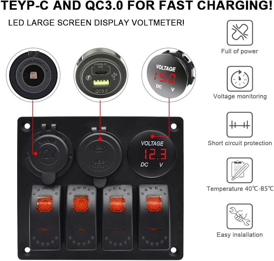 Panel interruptor marino rojo 12V USB QC3.0