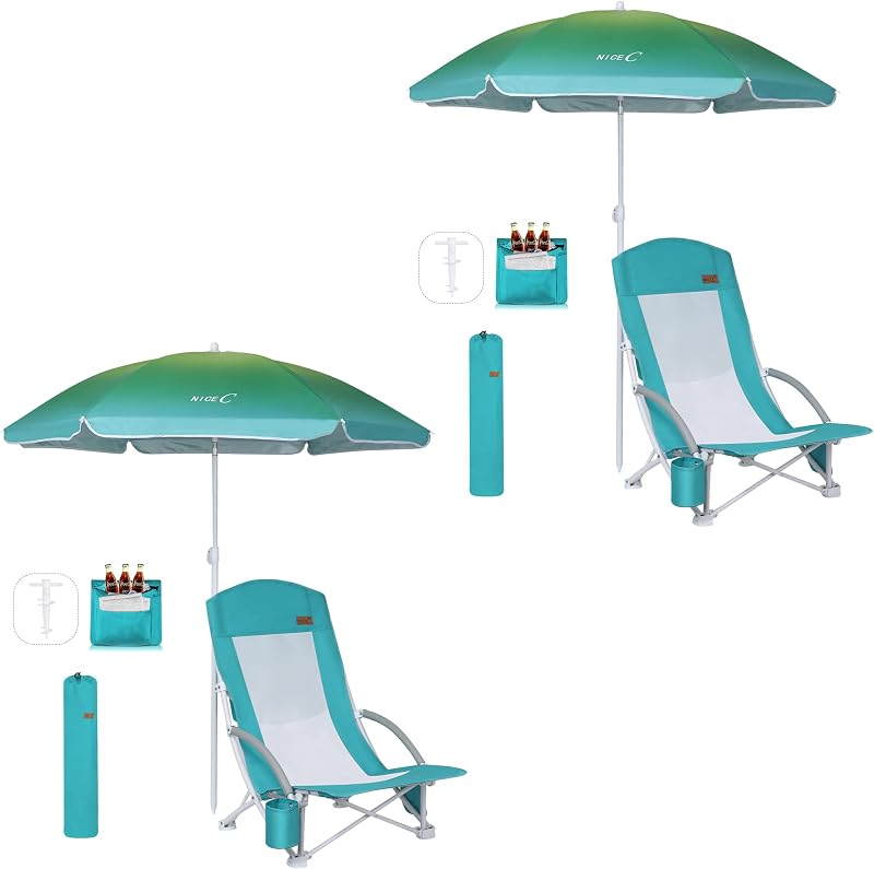 Silla playa set 2 con paraguas, refrigerador y respaldo