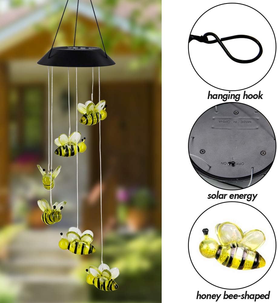 Campanilla viento solar LED abeja 25" decoración jardín