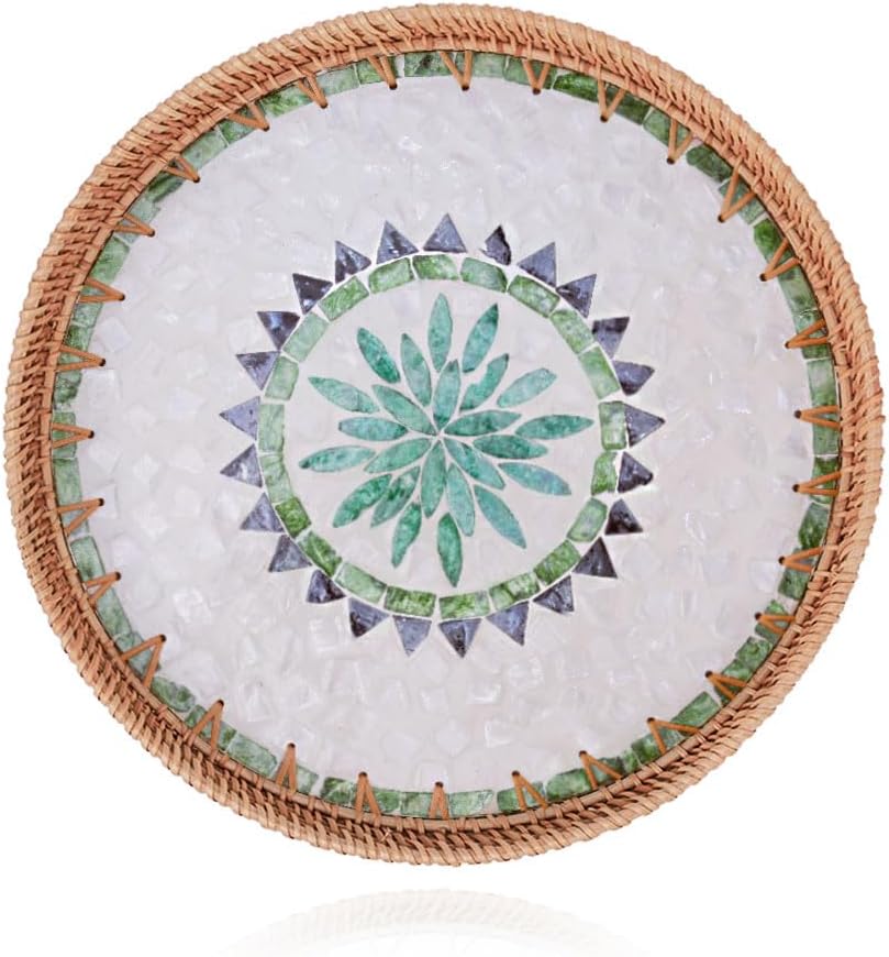 Bandeja ratán laca madreperla decorativa redonda 12pulg