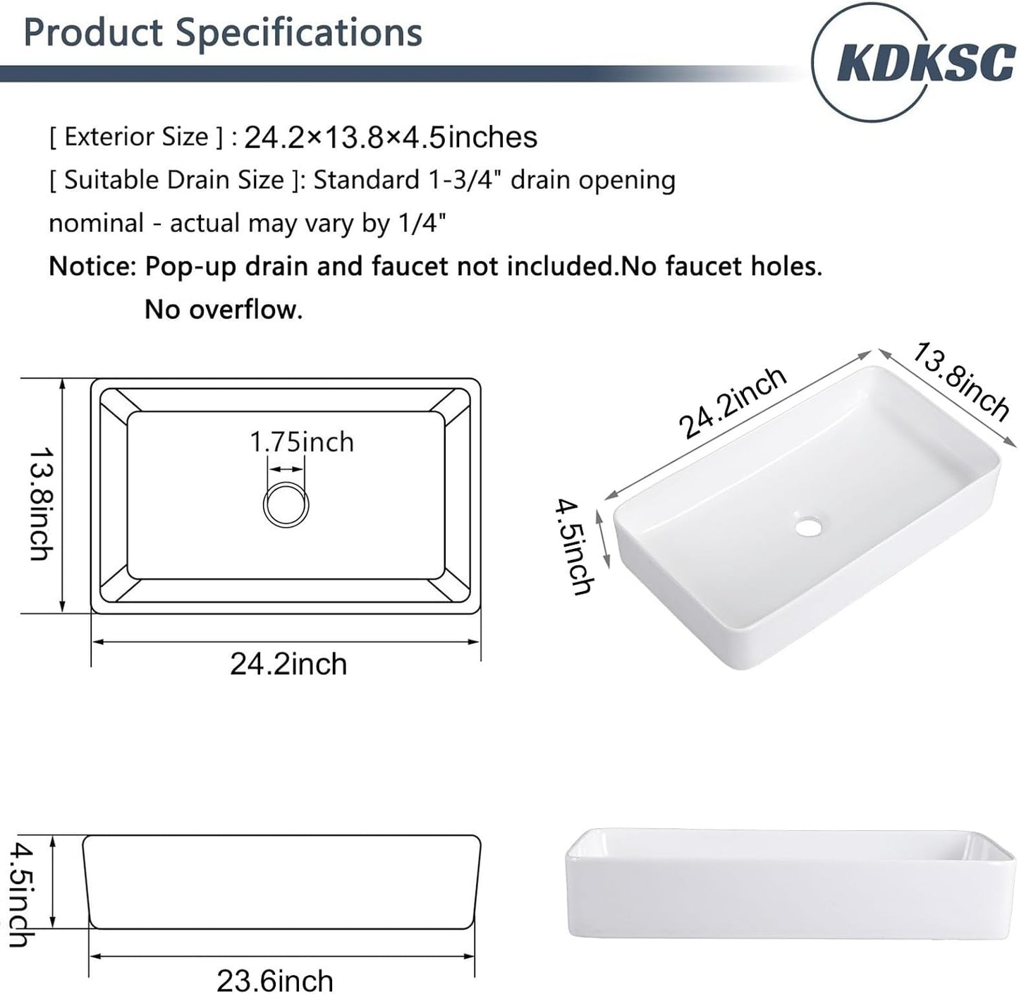 Lavabo encimera rectangular 24x14 pulg porcelana blanca