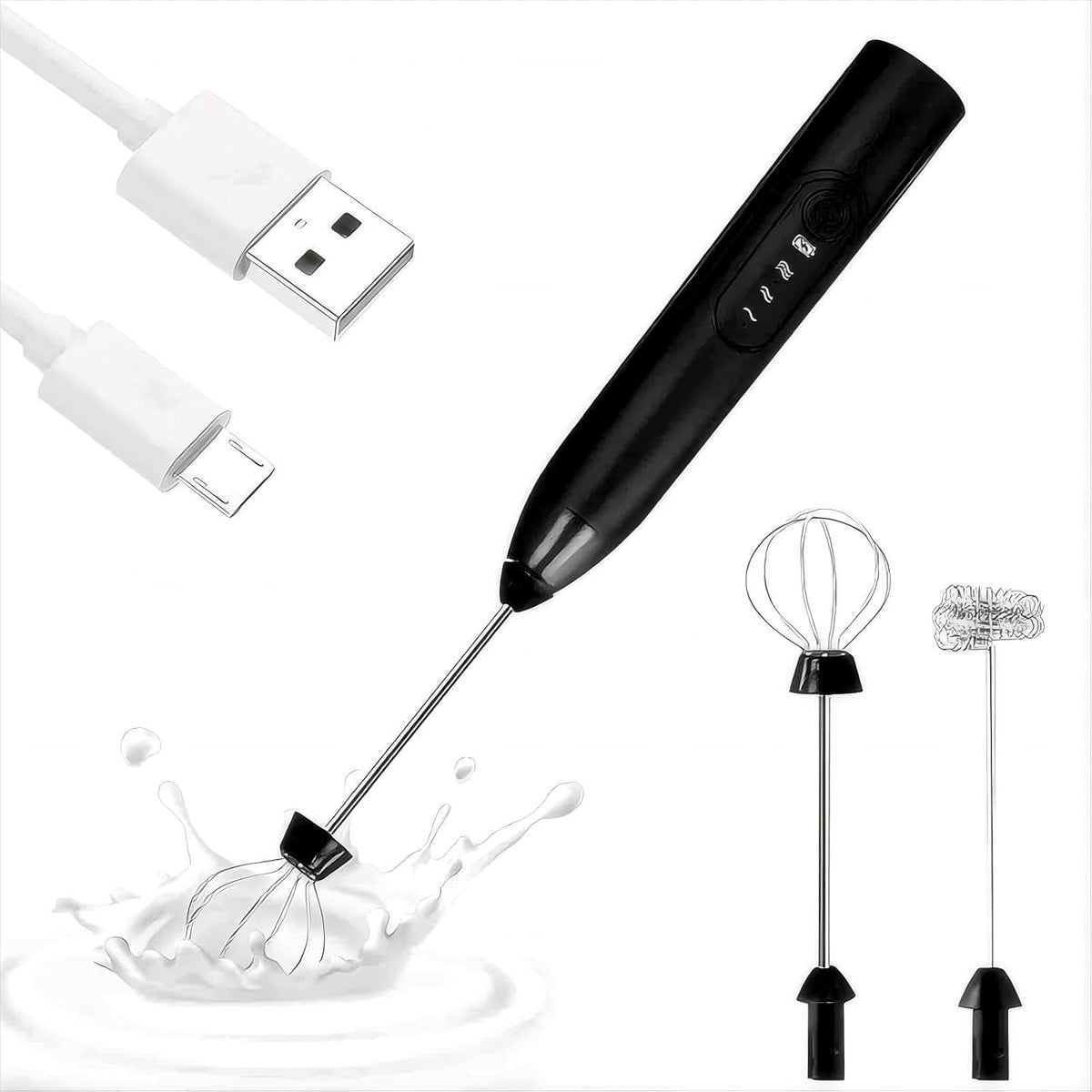 Espumador de leche eléctrico recargable con batidor de acero inoxidable, negro