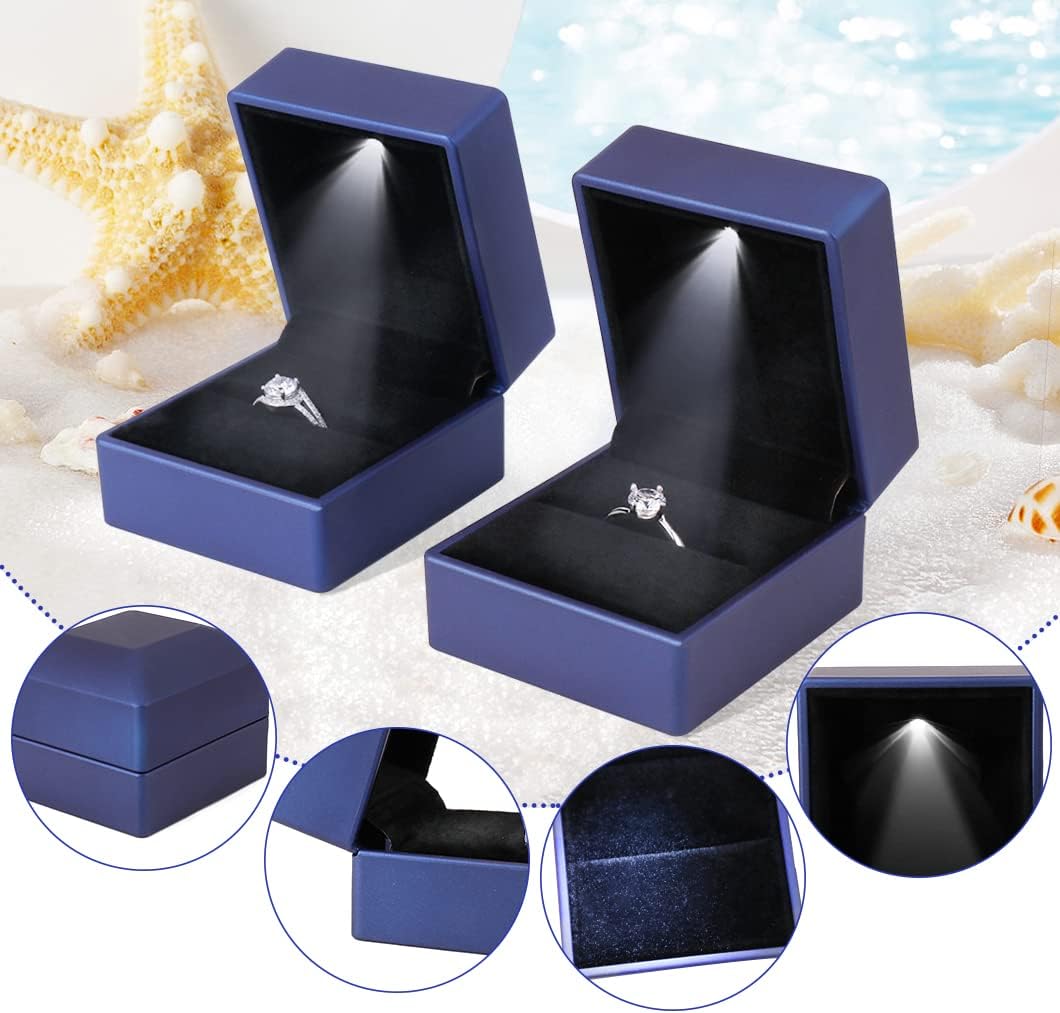2 Cajas Anillo Azul con Luz LED para Boda y Compromiso