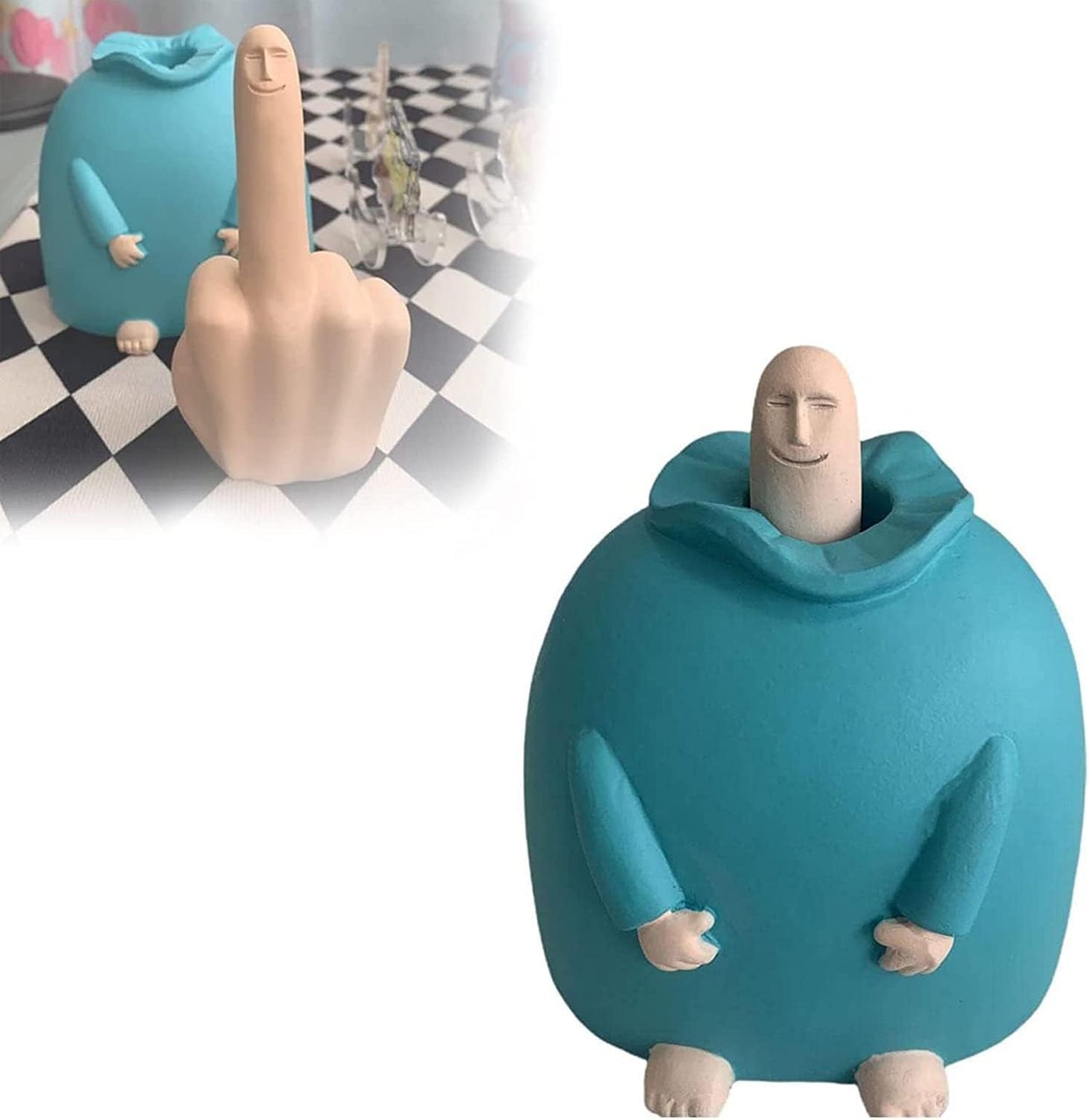 Estatua dedo medio sonriente decoración mesa estante