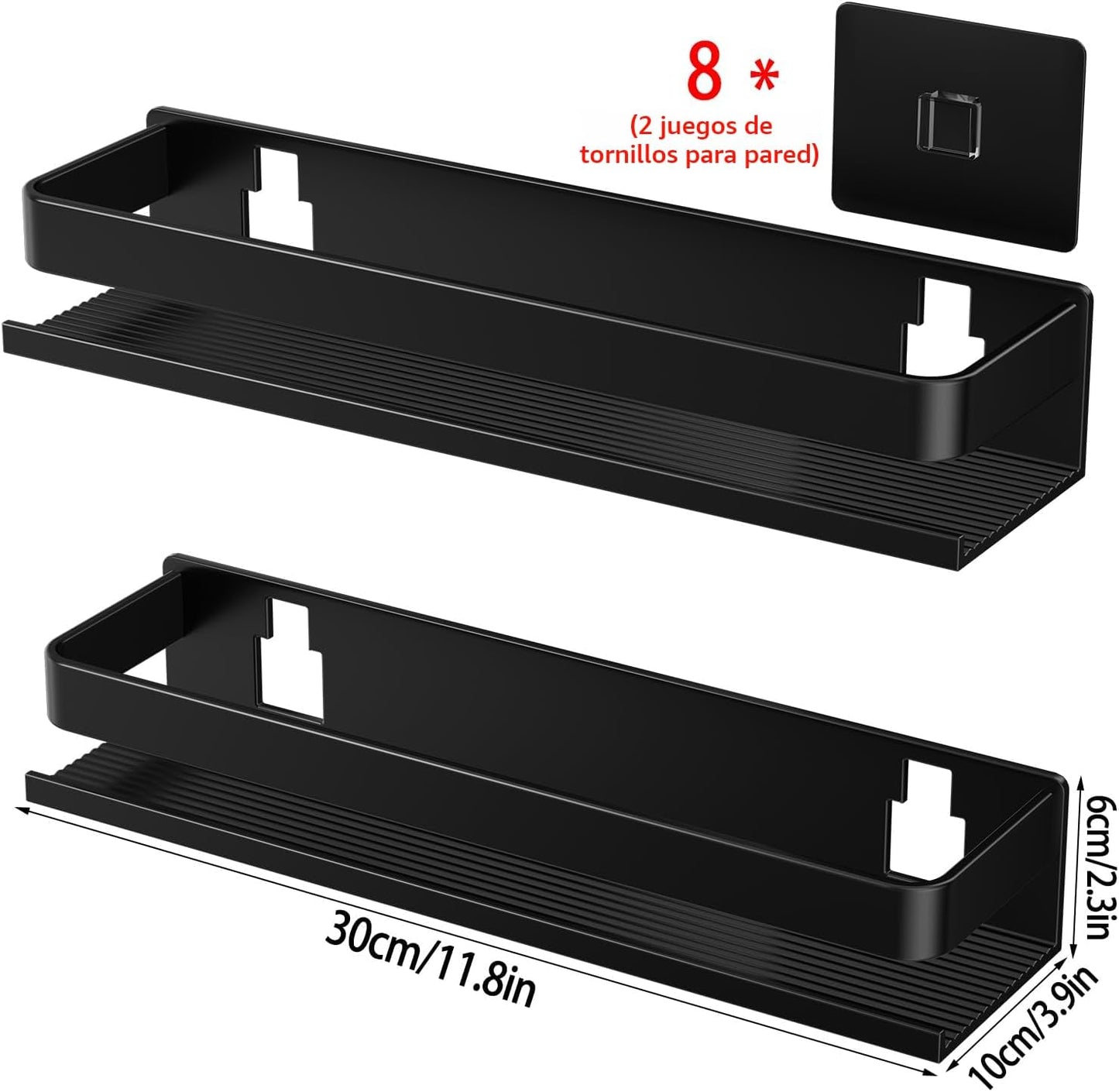 2 Pzas Estante Ducha Aluminio 11.8" Adhesivo Sin Perforar