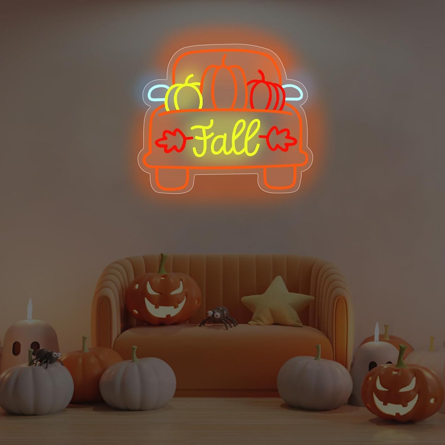 Letrero neón led camión calabaza otoño acción de gracias