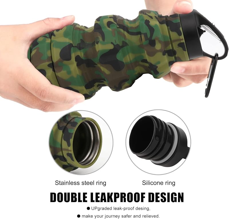 Botella agua plegable viaje 19.5oz sin BPA camuflaje verde