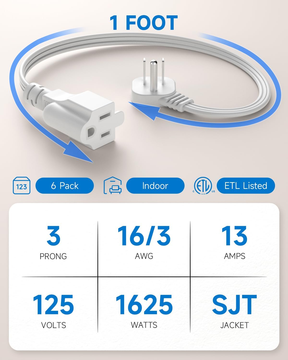 Cable extensión enchufe plano 1ft 3 clavijas con tierra