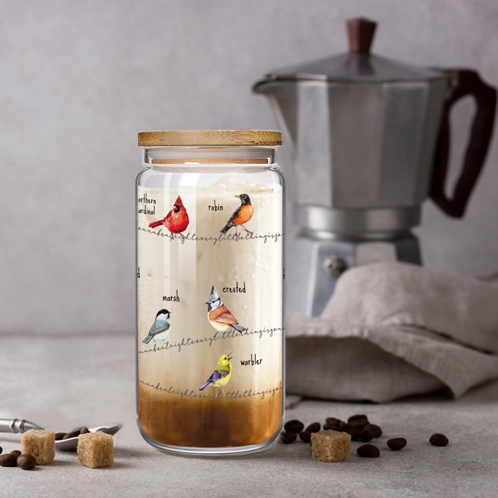 Taza vidrio con pájaros tapa pajita regalo amantes pájaros