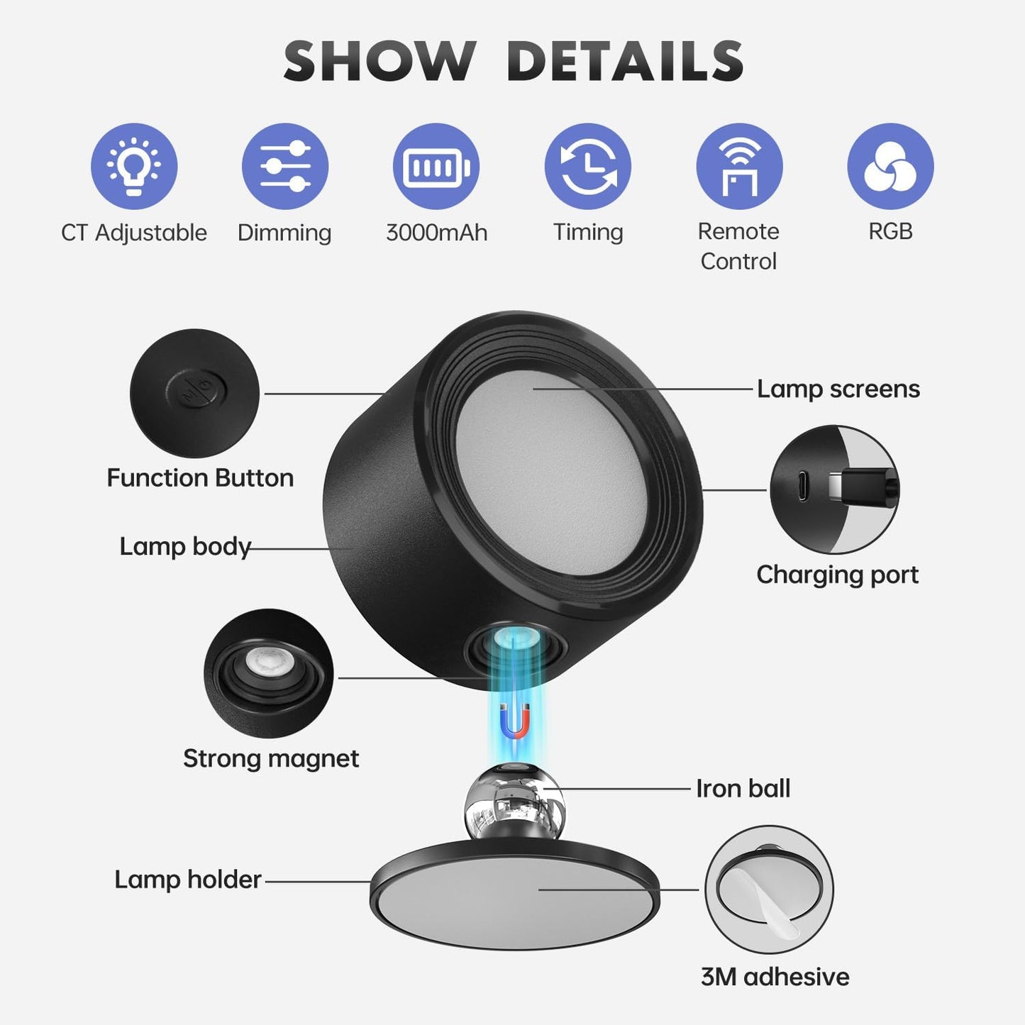 Lámpara pared LED RGB control remoto 3000mah dormitorio