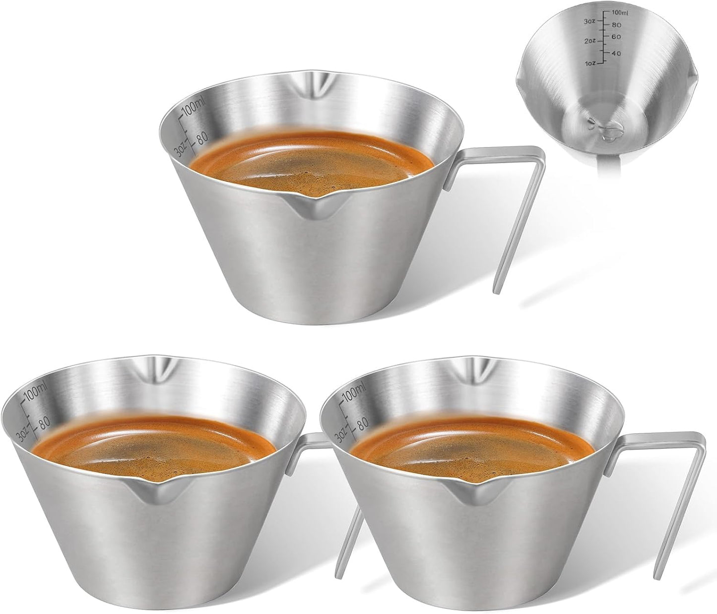 3 Pzas Tazas Espresso Acero Inox Doble Salida 3.4oz