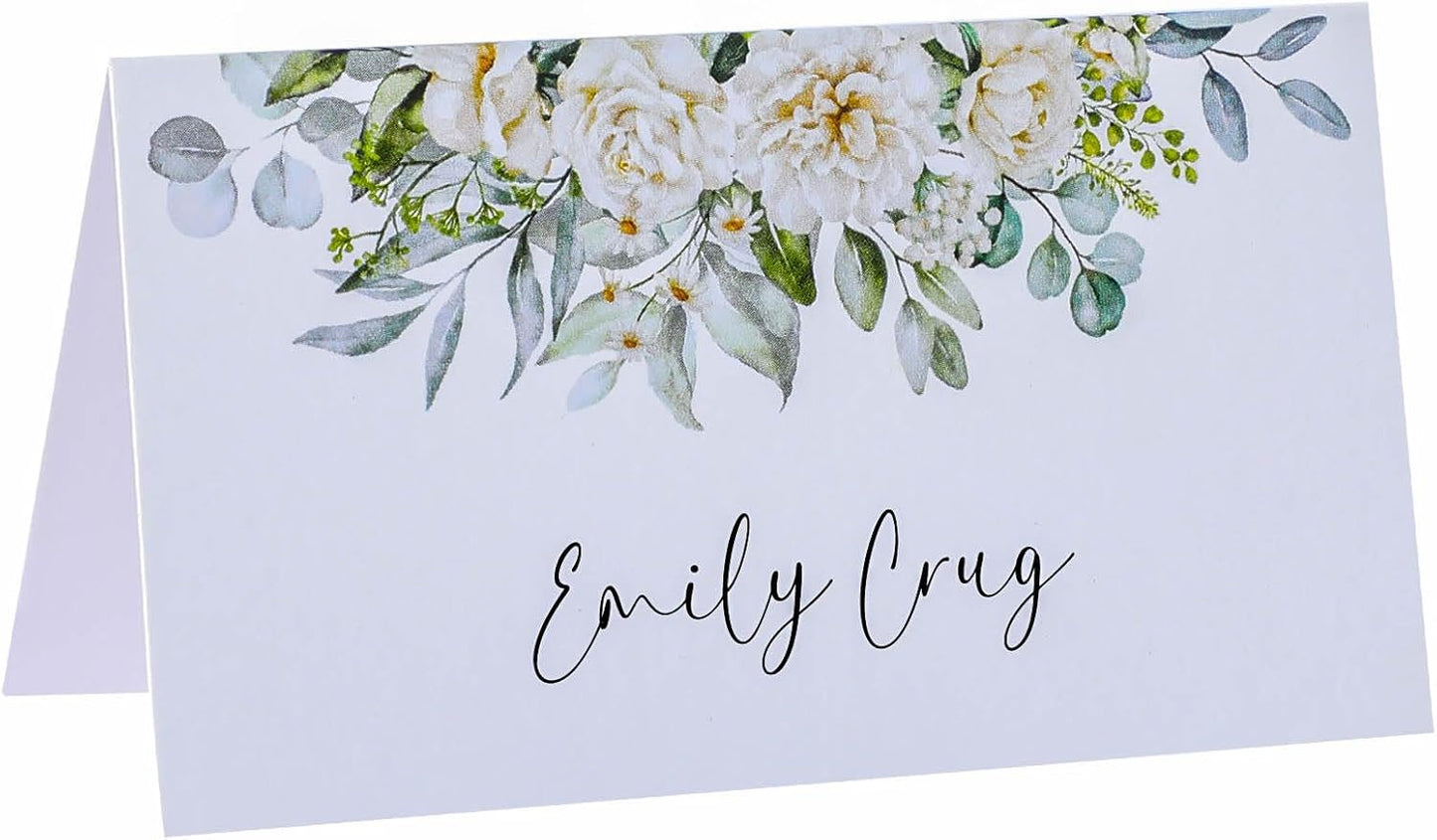 Tarjetas lugar mesa boda ducha nupcial asientos blanco floral verde