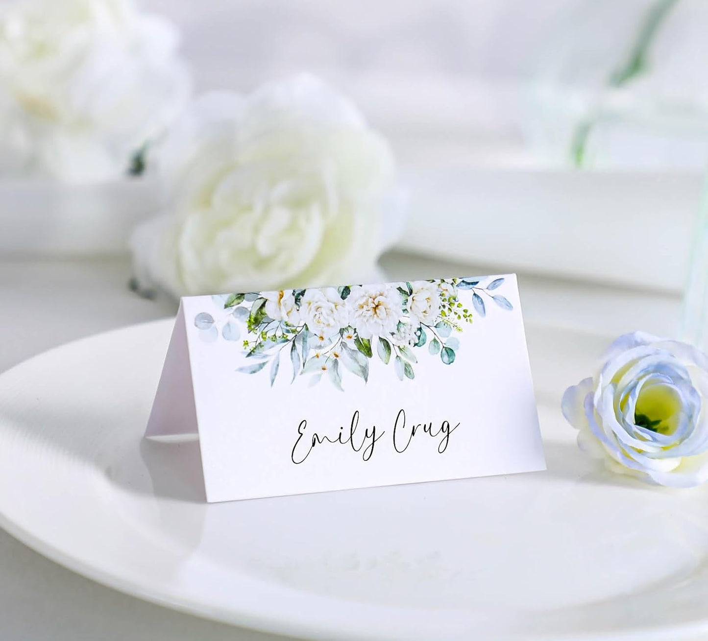Tarjetas lugar mesa boda ducha nupcial asientos blanco floral verde