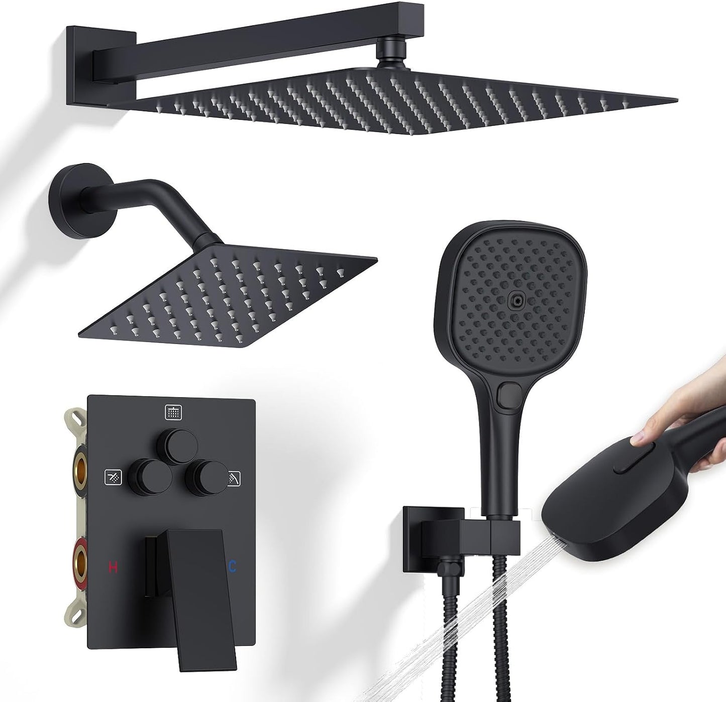 Set grifo ducha negro mate desviador botón 12pulg