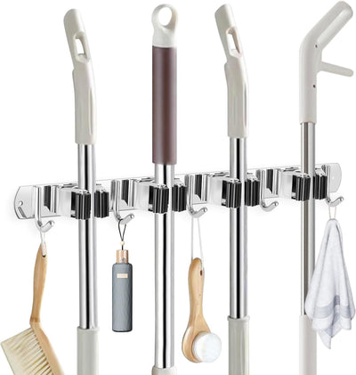 Soporte escoba acero inox autoadhesivo ganchos resistentes
