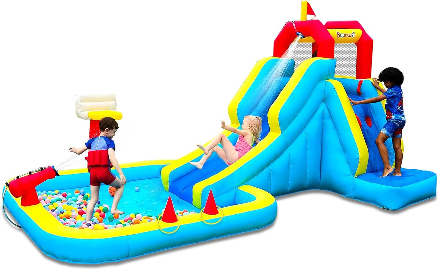 Tobogán acuático inflable con pared escalada y piscina