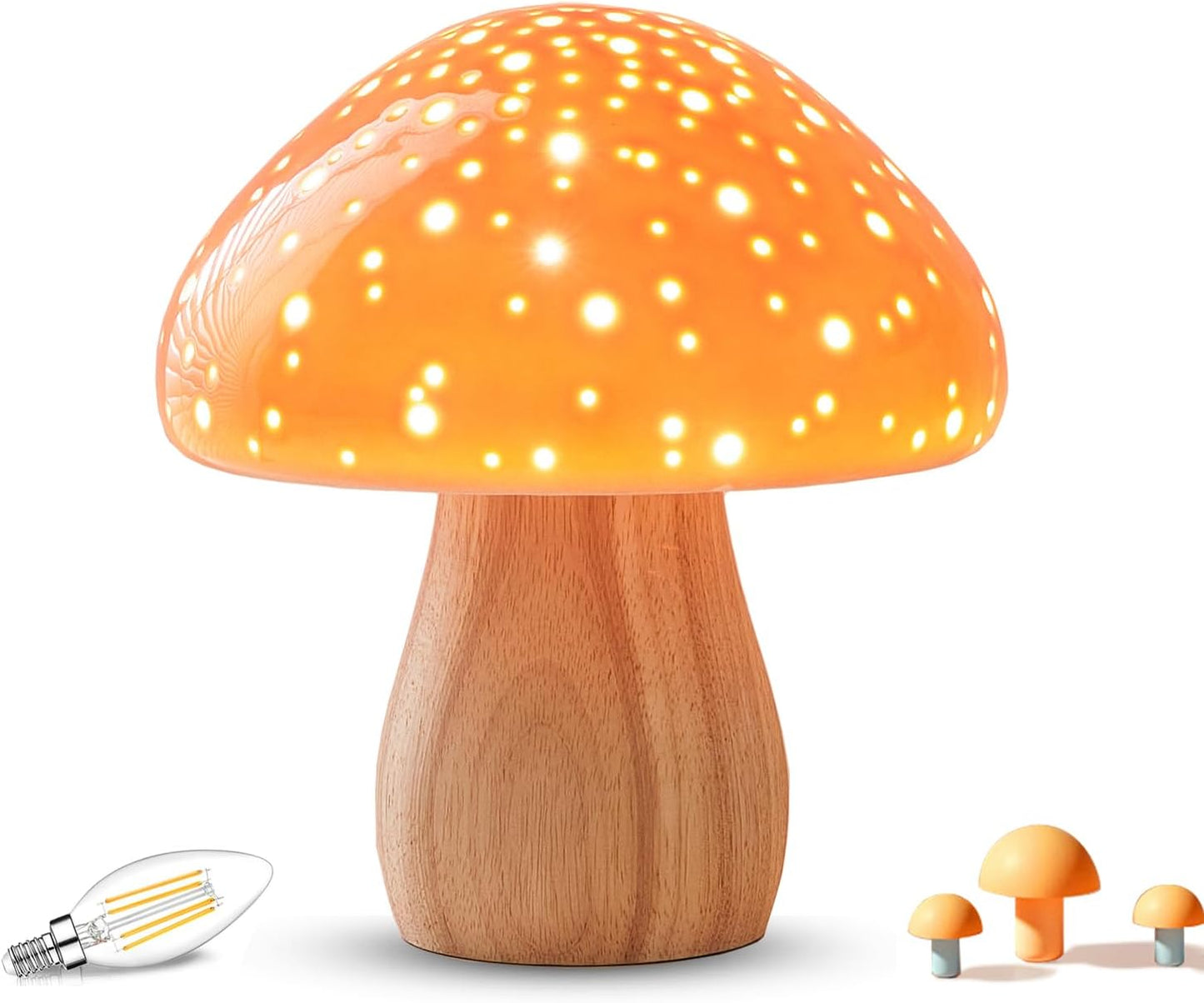 Lámpara de hongo cerámica luz nocturna naranja vintage