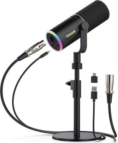 Micrófono XLR/USB dinámico con luz RGB y soporte