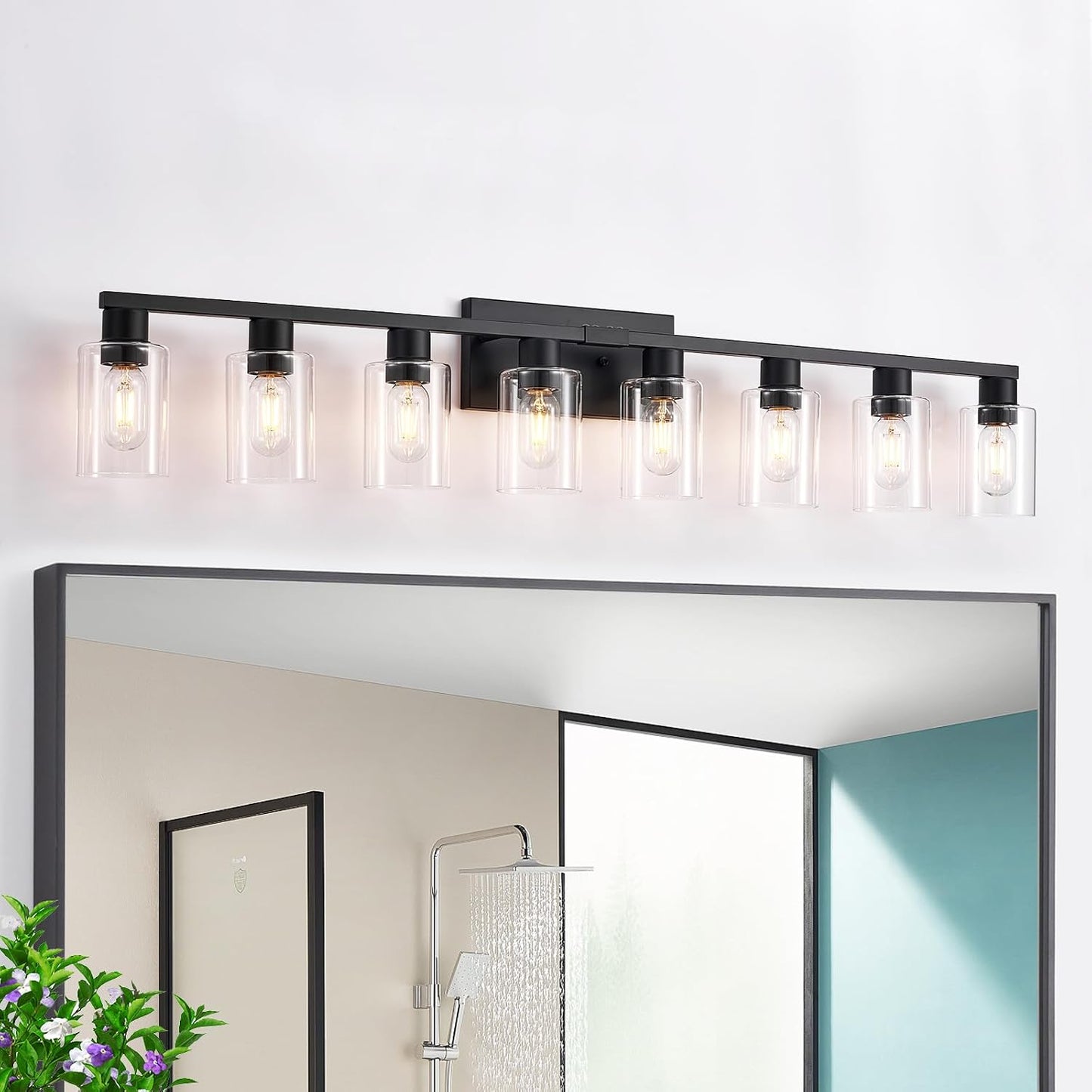 Lámpara tocador baño 8 luces negro mate vidrio transparente