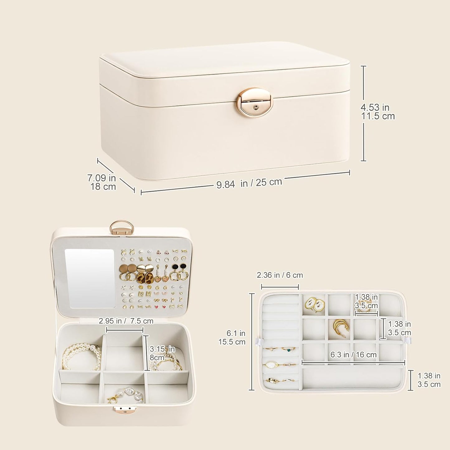 Caja joyas 2 capas con llave espejo mujer